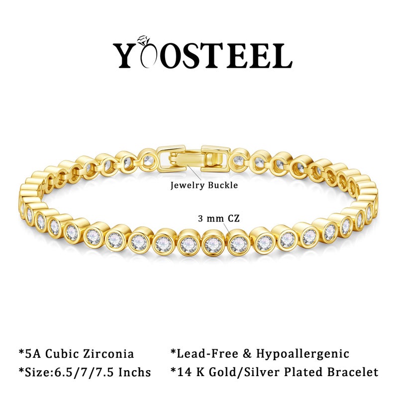 Yoosteel 14K-Gold-Plated Cubic Zirconia Classic Tennis Bracelet - 3mm CZ Yellow 14K-Gold-Plated Bracelet for Women 6.5 Inch Jewelry Gifts - Image 5