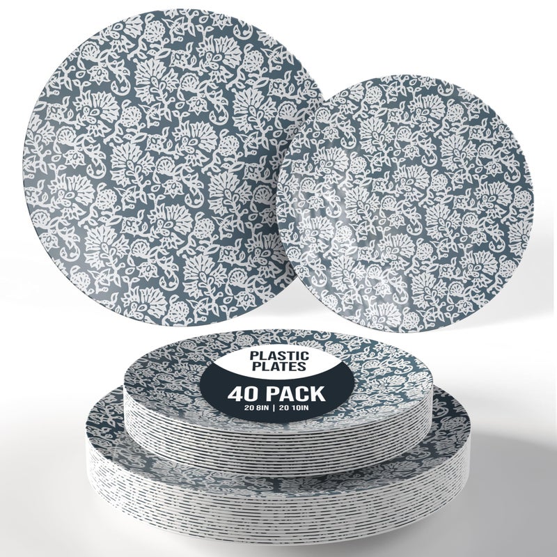 Trendables Disposable Dinnerware Decorative Plates Plastic Disposable Plates Set For 20 Guests 20 x 8 Inch Dessert Plate & 20 x 10 Inch Wedding Party Plate Set Garden Damask - Image 1