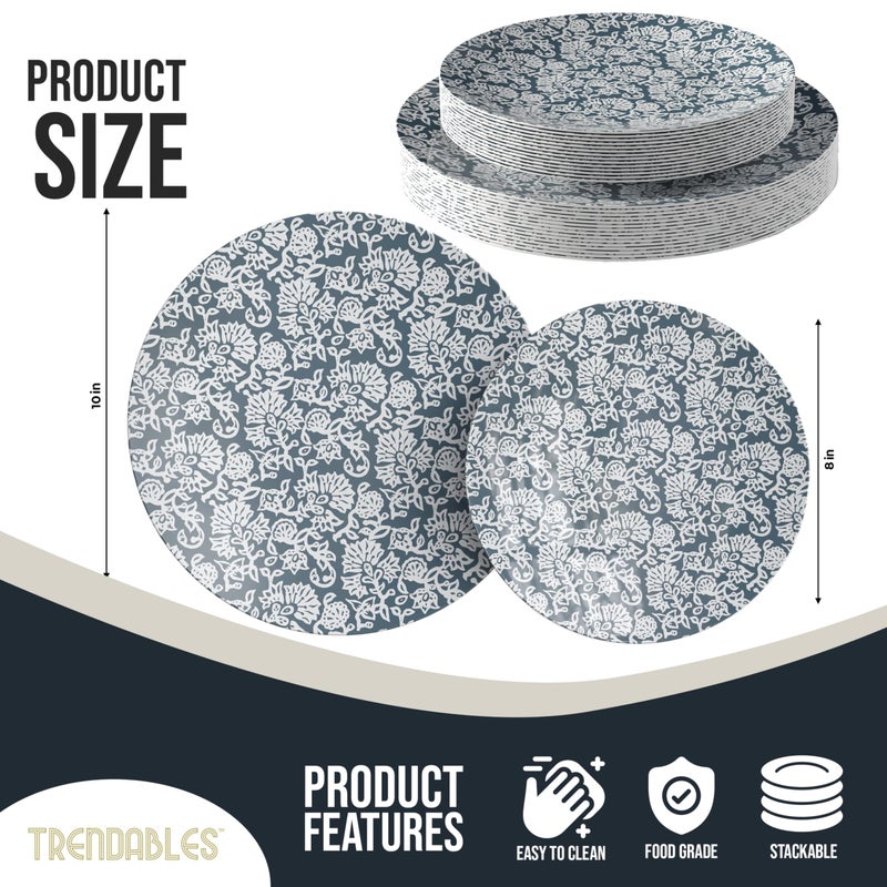 Trendables Disposable Dinnerware Decorative Plates Plastic Disposable Plates Set For 20 Guests 20 x 8 Inch Dessert Plate & 20 x 10 Inch Wedding Party Plate Set Garden Damask - Image 2