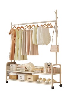 TOMSHOO Garment Rack,Heavy Duty Clothes Rack with 2 Tier Storage,Cloth Stand Storage Rack with Wheels and Hooks,Freestanding Metal Cloak Rack with Basket and shelf for Clothes,Hats Shoes 176×120×35cm (Beige)  - Image 1
