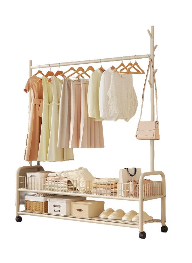 TOMSHOO Garment Rack,Heavy Duty Clothes Rack with 2 Tier Storage,Cloth Stand Storage Rack with Wheels and Hooks,Freestanding Metal Cloak Rack with Basket and shelf for Clothes,Hats Shoes 176×120×35cm (Beige)  - Image 1