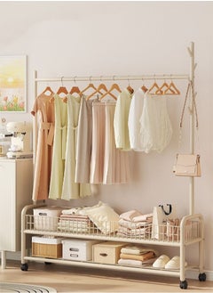 TOMSHOO Garment Rack,Heavy Duty Clothes Rack with 2 Tier Storage,Cloth Stand Storage Rack with Wheels and Hooks,Freestanding Metal Cloak Rack with Basket and shelf for Clothes,Hats Shoes 176×120×35cm (Beige)  - Image 2