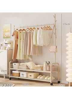 TOMSHOO Garment Rack,Heavy Duty Clothes Rack with 2 Tier Storage,Cloth Stand Storage Rack with Wheels and Hooks,Freestanding Metal Cloak Rack with Basket and shelf for Clothes,Hats Shoes 176×120×35cm (Beige)  - Image 3