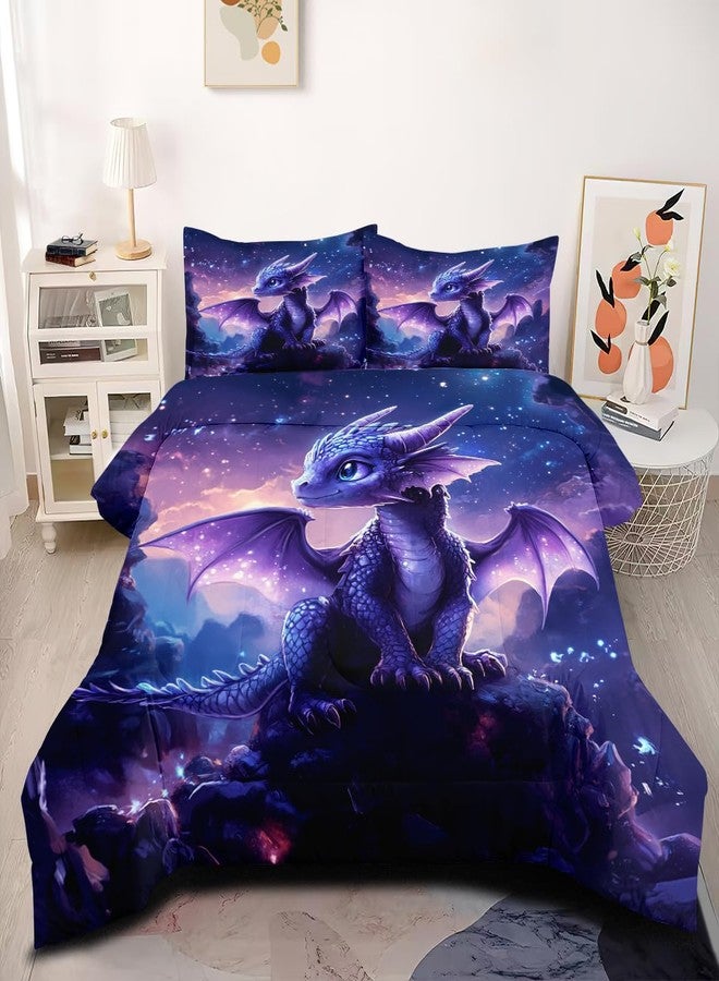 CCoutueChen Galaxy Dragon Comforter Set Twin Size Cute Animal Bedding Set for Kids Teens - 2Pieces Soft Fluffy Microfiber Suitable for Children's Birthday Gifts/Purple Black - Image 1