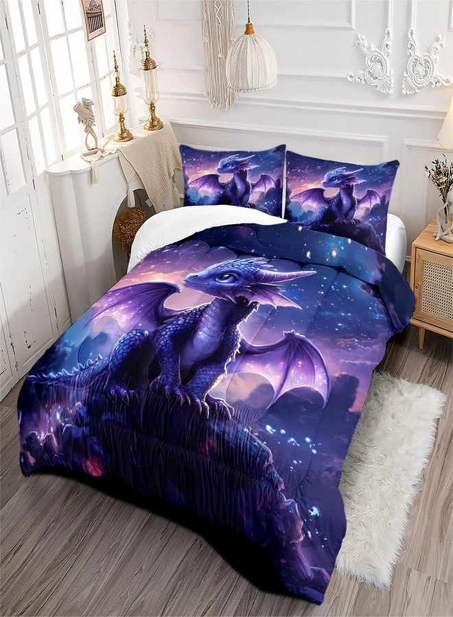 CCoutueChen Galaxy Dragon Comforter Set Twin Size Cute Animal Bedding Set for Kids Teens - 2Pieces Soft Fluffy Microfiber Suitable for Children's Birthday Gifts/Purple Black - Image 4