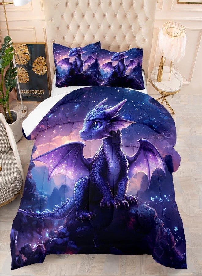 CCoutueChen Galaxy Dragon Comforter Set Twin Size Cute Animal Bedding Set for Kids Teens - 2Pieces Soft Fluffy Microfiber Suitable for Children's Birthday Gifts/Purple Black - Image 3