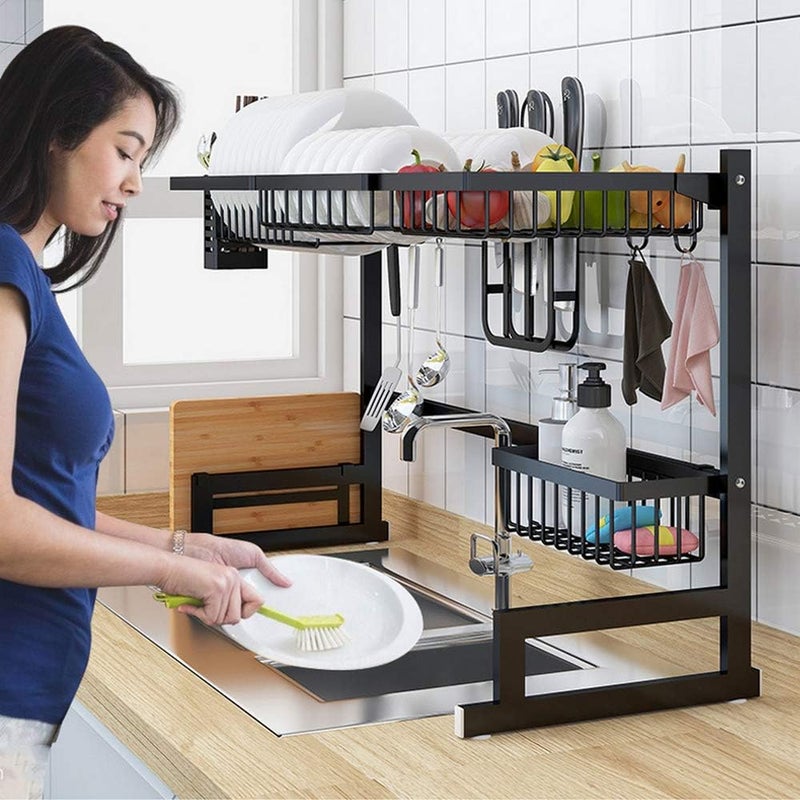 SHOWAY Over The Sink Dish Drying Rack With Drain Board, Kitchen Supplies Storage Shelf Drain Rack Counter Organizer, Dish Rack and Drainboard Set, Utensils Cutlery Holder Stainless Steel Display Stand - Image 2