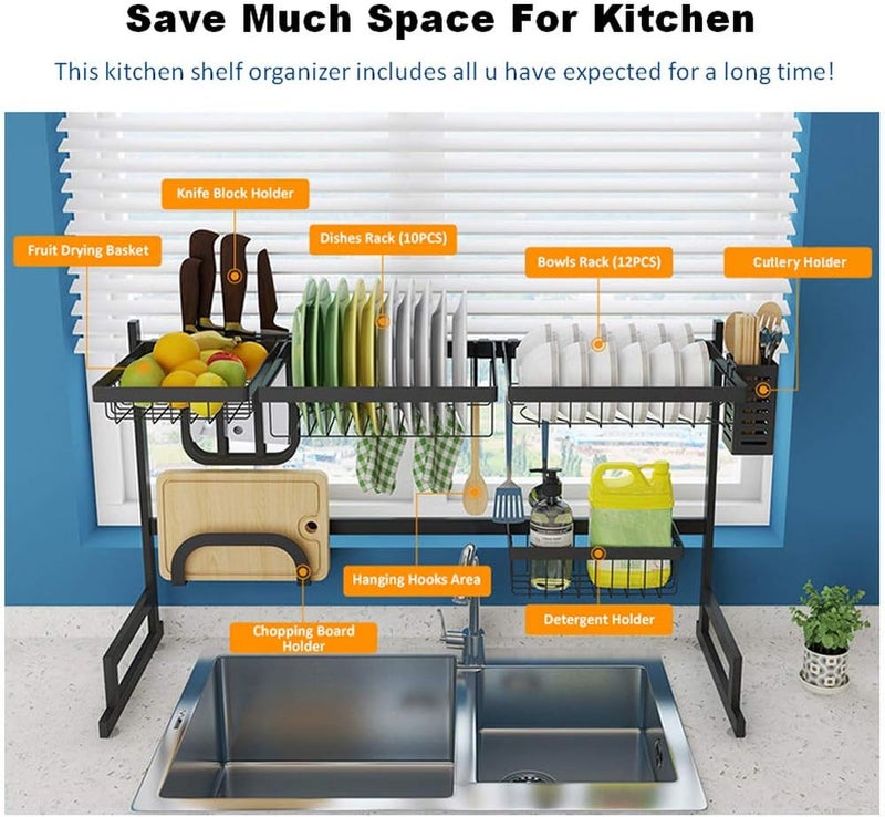 SHOWAY Over The Sink Dish Drying Rack With Drain Board, Kitchen Supplies Storage Shelf Drain Rack Counter Organizer, Dish Rack and Drainboard Set, Utensils Cutlery Holder Stainless Steel Display Stand - Image 4