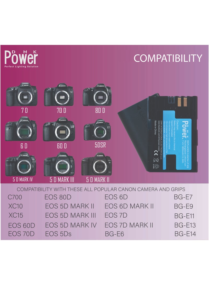 DMK Power LP-E6 LP-E6N 1800 mAh Battery Compatible with Canon EOS R 60D 70D 80D 5D II 5D III 5D IV 5Ds 6D 6D Mark II 7D 7D Mark II C700 XC10 XC15 Cameras - Image 3