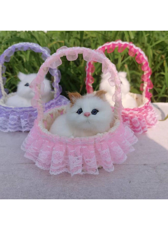 Simulation Flower Basket Cat Will Call Simulation Cat Imitation Fur Ornaments Lace Basket Cat Children's Toys-Dimensions:Will Call The Orange Lace Basket White Cat - Image 2