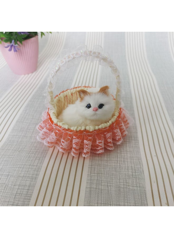 Simulation Flower Basket Cat Will Call Simulation Cat Imitation Fur Ornaments Lace Basket Cat Children's Toys-Dimensions:Will Call The Orange Lace Basket White Cat - Image 1