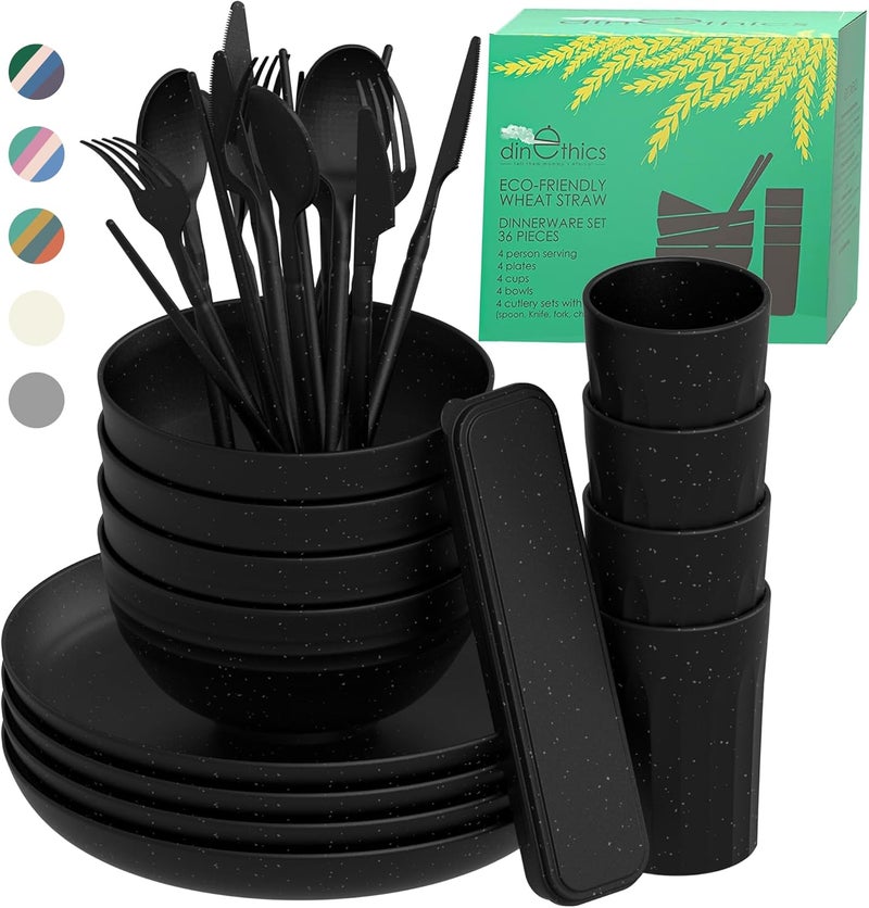 DINETHICS Wheat Straw Dinnerware Sets For 4 - Alternate To Black Plastic Dishes - Dishwasher Microwave Safe Plates And Bowls Sets - Unbreakable Wheat Straw Plates And Bowls - Camping Dishes - Image 1