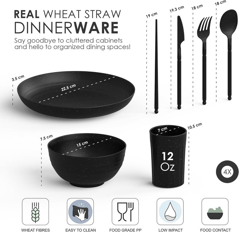 DINETHICS Wheat Straw Dinnerware Sets For 4 - Alternate To Black Plastic Dishes - Dishwasher Microwave Safe Plates And Bowls Sets - Unbreakable Wheat Straw Plates And Bowls - Camping Dishes - Image 2