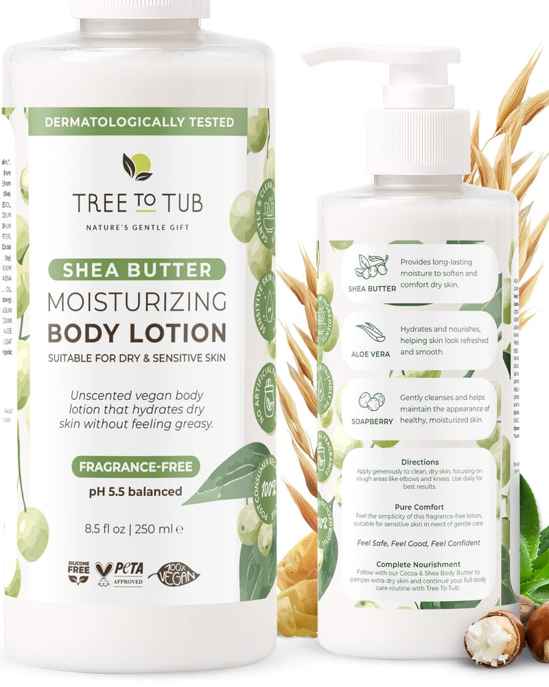 Tree to Tub Unscented Shea Butter Body Lotion for Dry Skin - Fragrance Free Lotion,Vegan Body Moisturizer, Good for Sensitive Skin for both Women & Men - Image 1