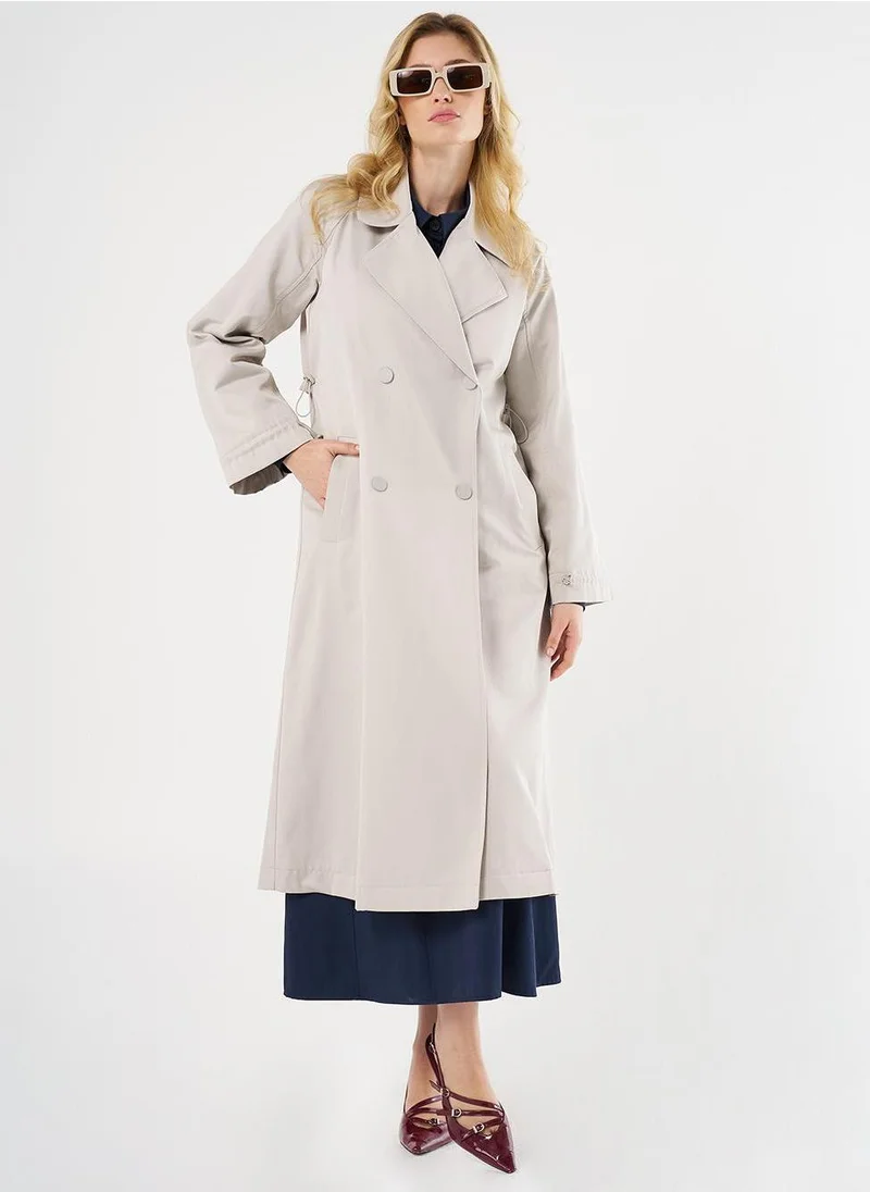 Kayra Elasticated Cuff Double-Breasted Trench Coat Stone