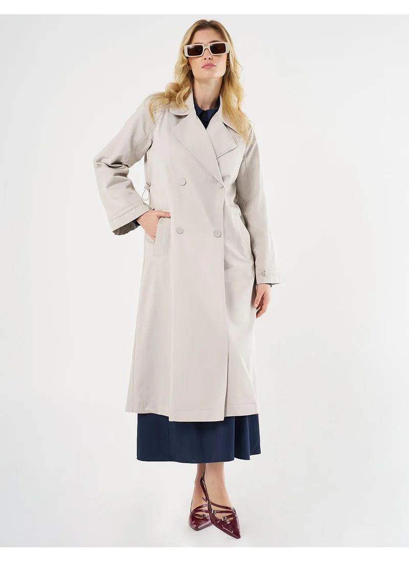 Kayra Elasticated Cuff Double-Breasted Trench Coat Stone