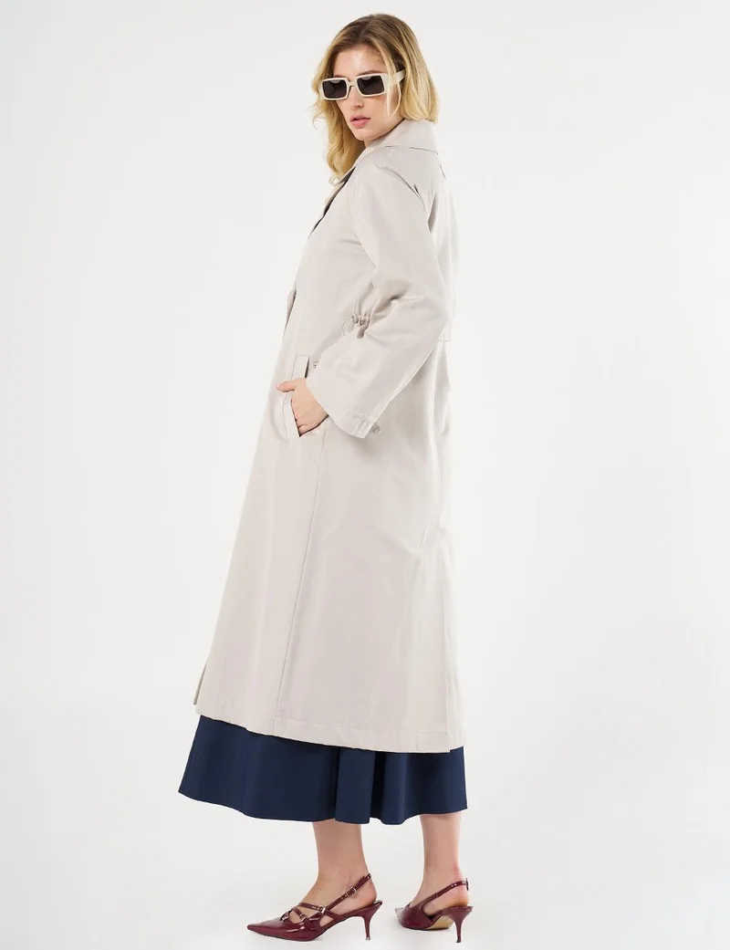 Kayra Elasticated Cuff Double-Breasted Trench Coat Stone