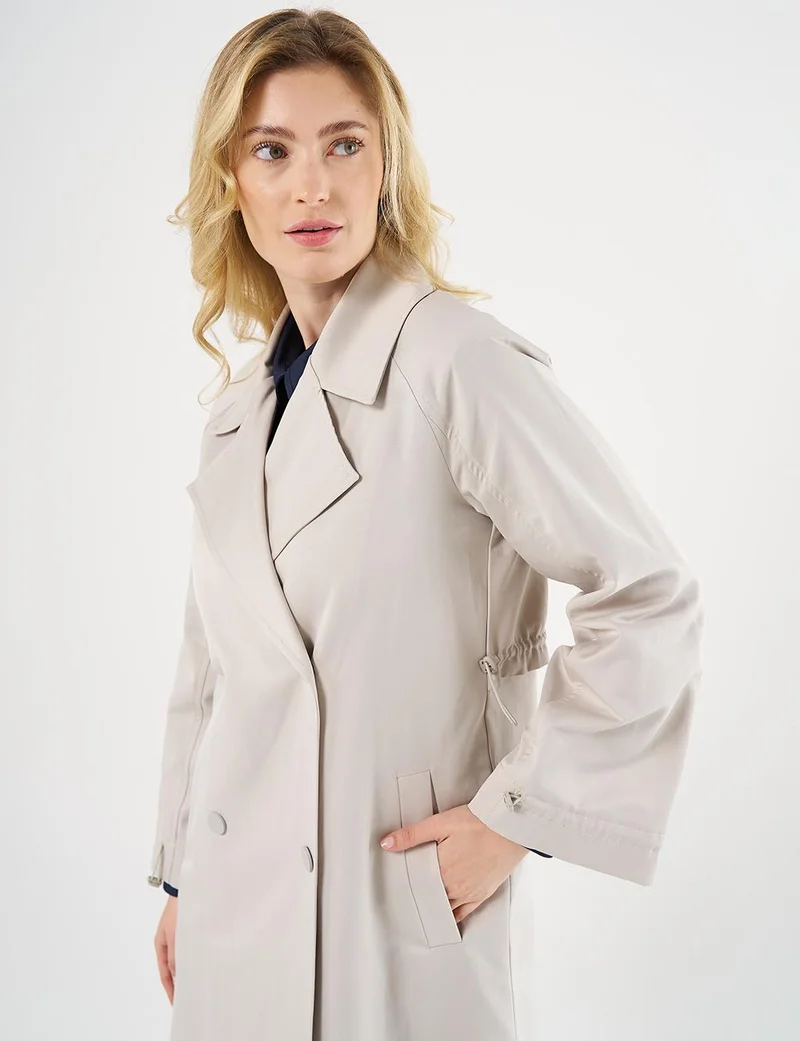 Kayra Elasticated Cuff Double-Breasted Trench Coat Stone