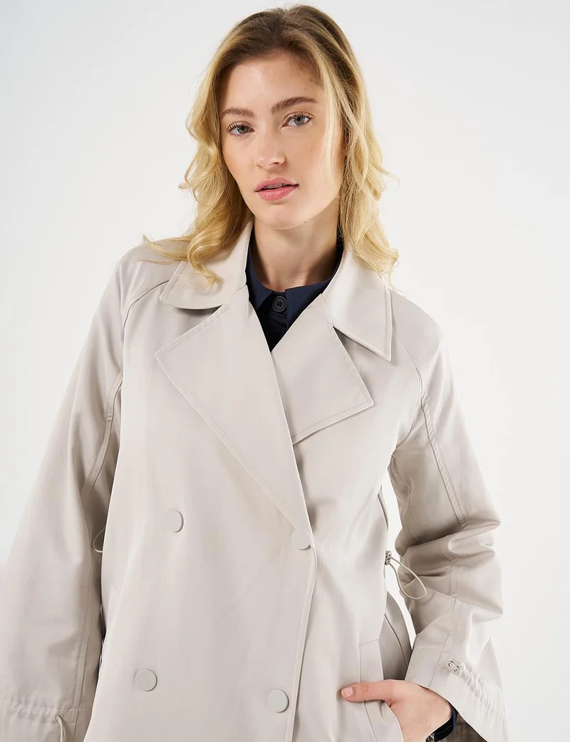 Kayra Elasticated Cuff Double-Breasted Trench Coat Stone
