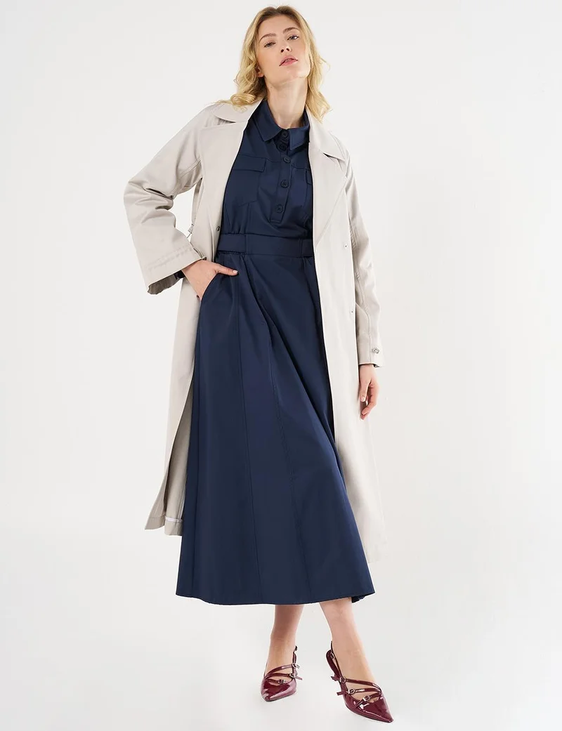 Kayra Elasticated Cuff Double-Breasted Trench Coat Stone