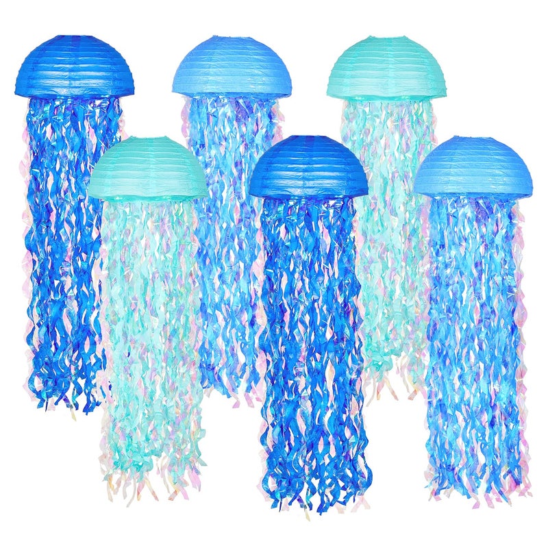 OBXT 10" Blue Hanging Jellyfish Paper Lanterns - Under the Sea Party & Mermaid Birthday Decorations, Baby Shower, Nautical Events, Ocean Theme Classroom & Beach Room Decor (Set of 6) - Image 1