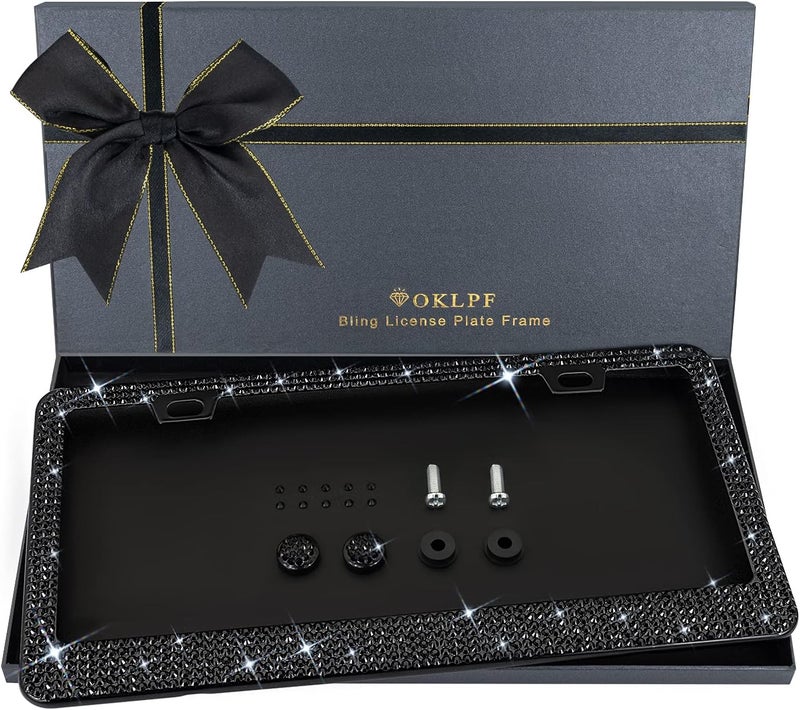 OKLPF Bling License Plate Frame for Women, 1PCS Sparkly License Plate Frames| Over 1200 pcs 14 Facets Bedazzled Clear Glass Diamond Rhinestone Crystals w/Free Glitter Diamond Box (Black) - Image 1