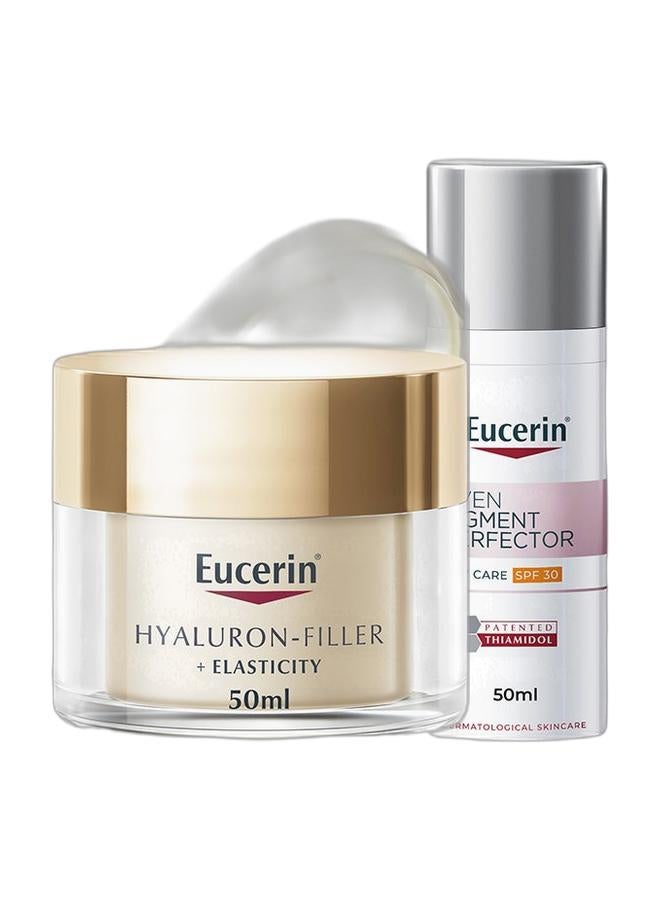 Eucerin Hyaluron Filler + Elasticity Anti-Aging Face Day Cream With Hyaluronic Acid And Collagen Spf 15 Clear 50ml & Even Pigment Perfector Face Day Cream With Thiamidol  Moisturizer For All Skin Types 50ml Bundle - Image 1