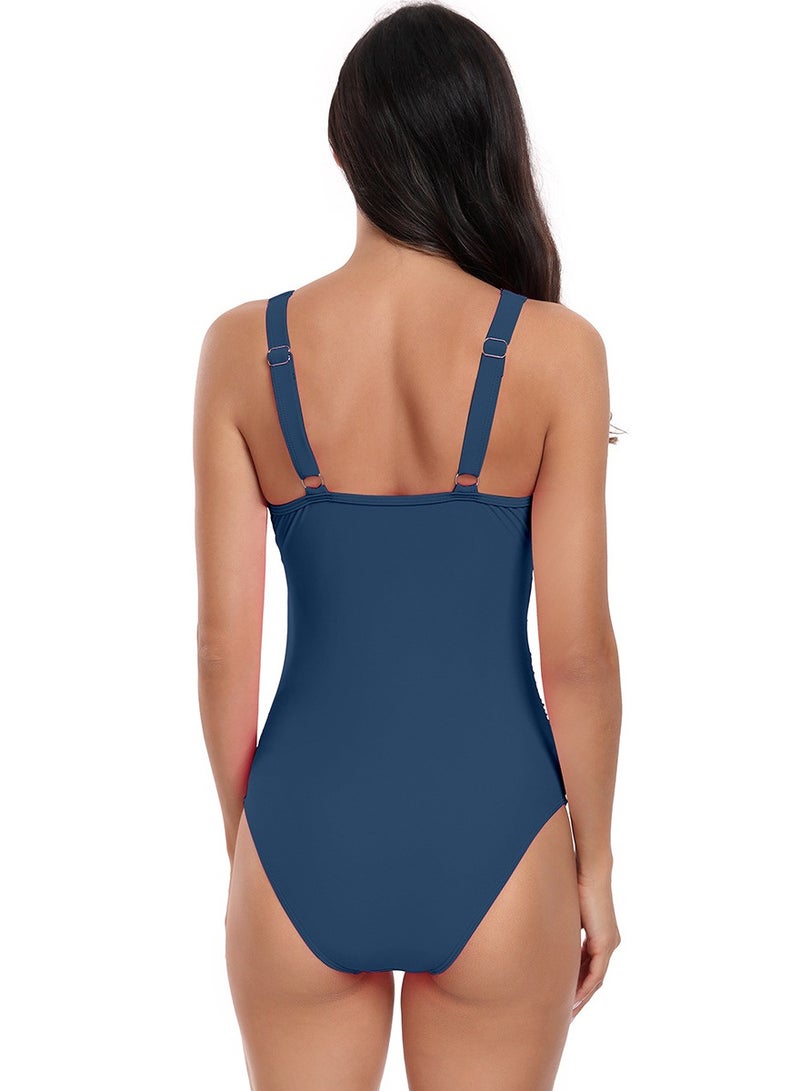 Women's Solid Color One Piece Swimsuit V-Neck Bathing Suits Greyish Blue - Image 3