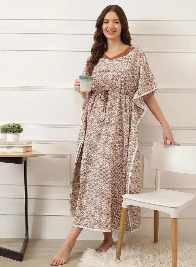 Clovia Brown Cotton Kaftan Nightdress with Drawstring Waist