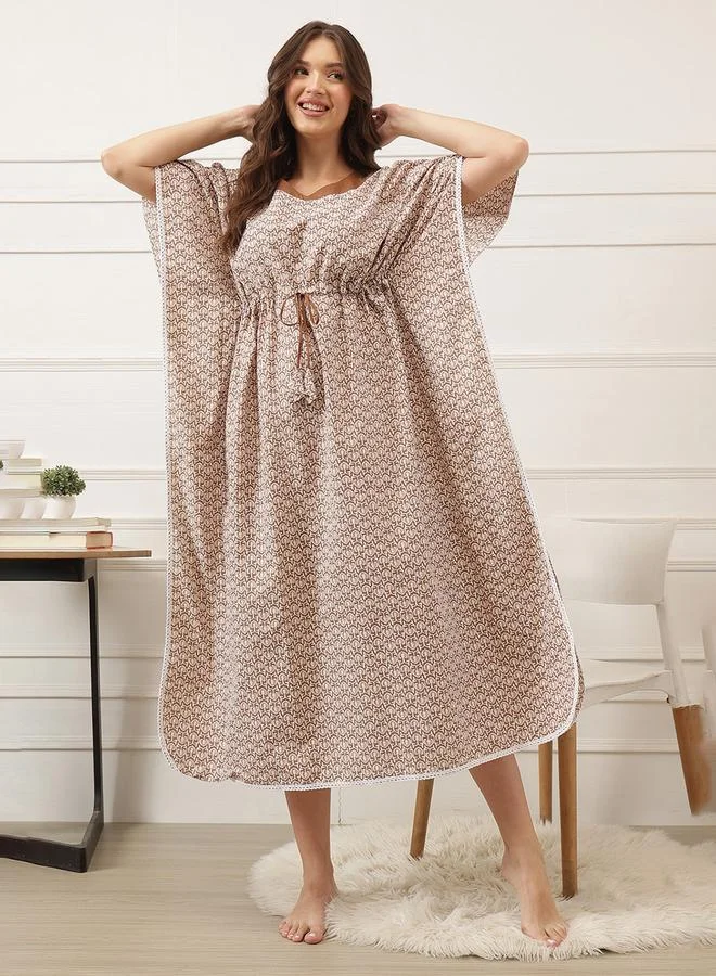 Clovia Brown Cotton Kaftan Nightdress with Drawstring Waist