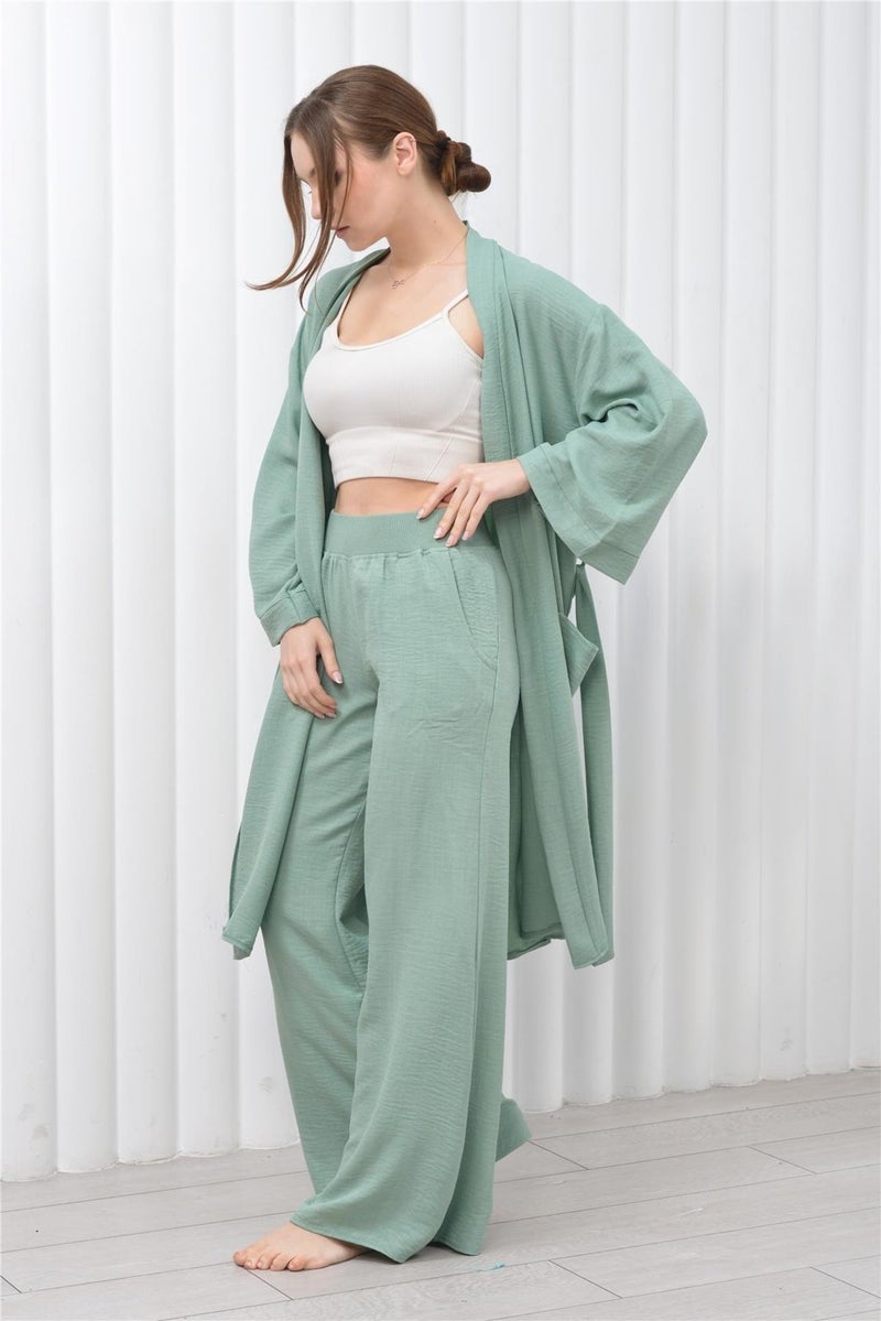Nuseel Women's Linen Pocket Belted Long Kimono-Pants Two Piece Set Aqua Green  - Image 1
