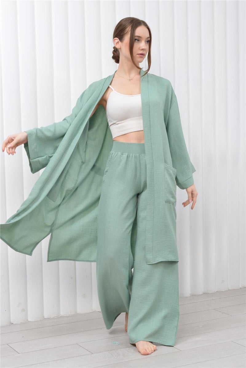 Nuseel Women's Linen Pocket Belted Long Kimono-Pants Two Piece Set Aqua Green  - Image 2