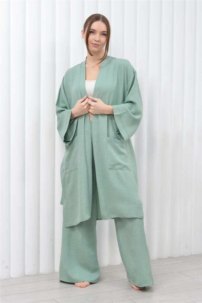 Nuseel Women's Linen Pocket Belted Long Kimono-Pants Two Piece Set Aqua Green