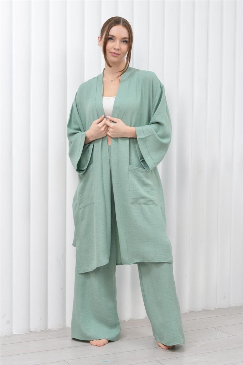 Nuseel Women's Linen Pocket Belted Long Kimono-Pants Two Piece Set Aqua Green  - Image 4