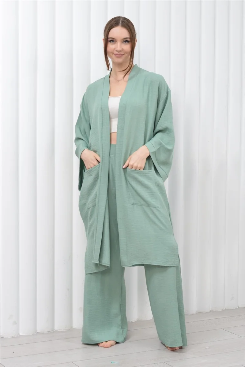 Nuseel Women's Linen Pocket Belted Long Kimono-Pants Two Piece Set Aqua Green