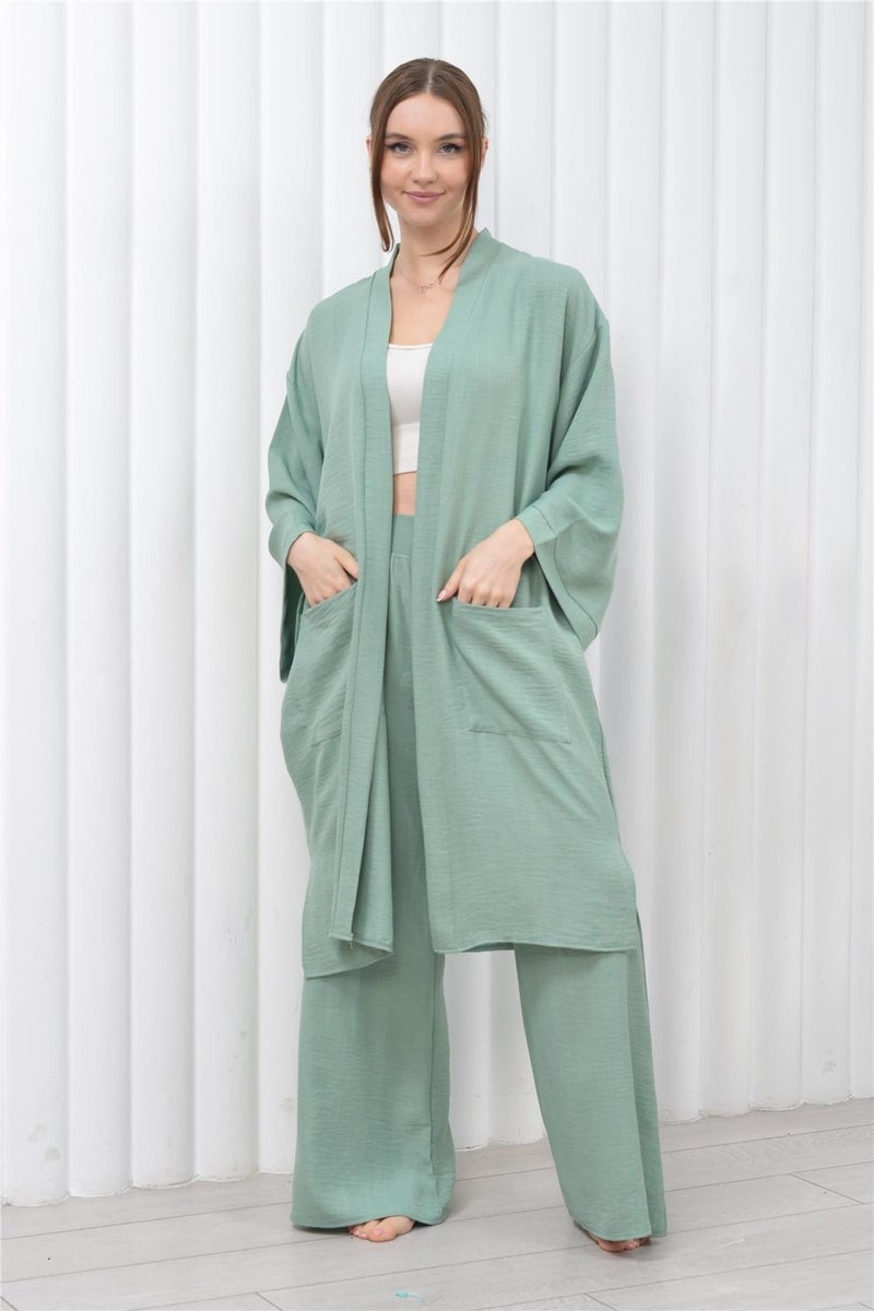 Nuseel Women's Linen Pocket Belted Long Kimono-Pants Two Piece Set Aqua Green  - Image 3