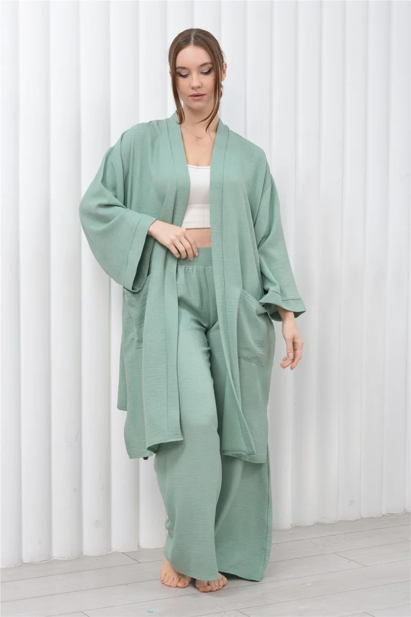 Nuseel Women's Linen Pocket Belted Long Kimono-Pants Two Piece Set Aqua Green