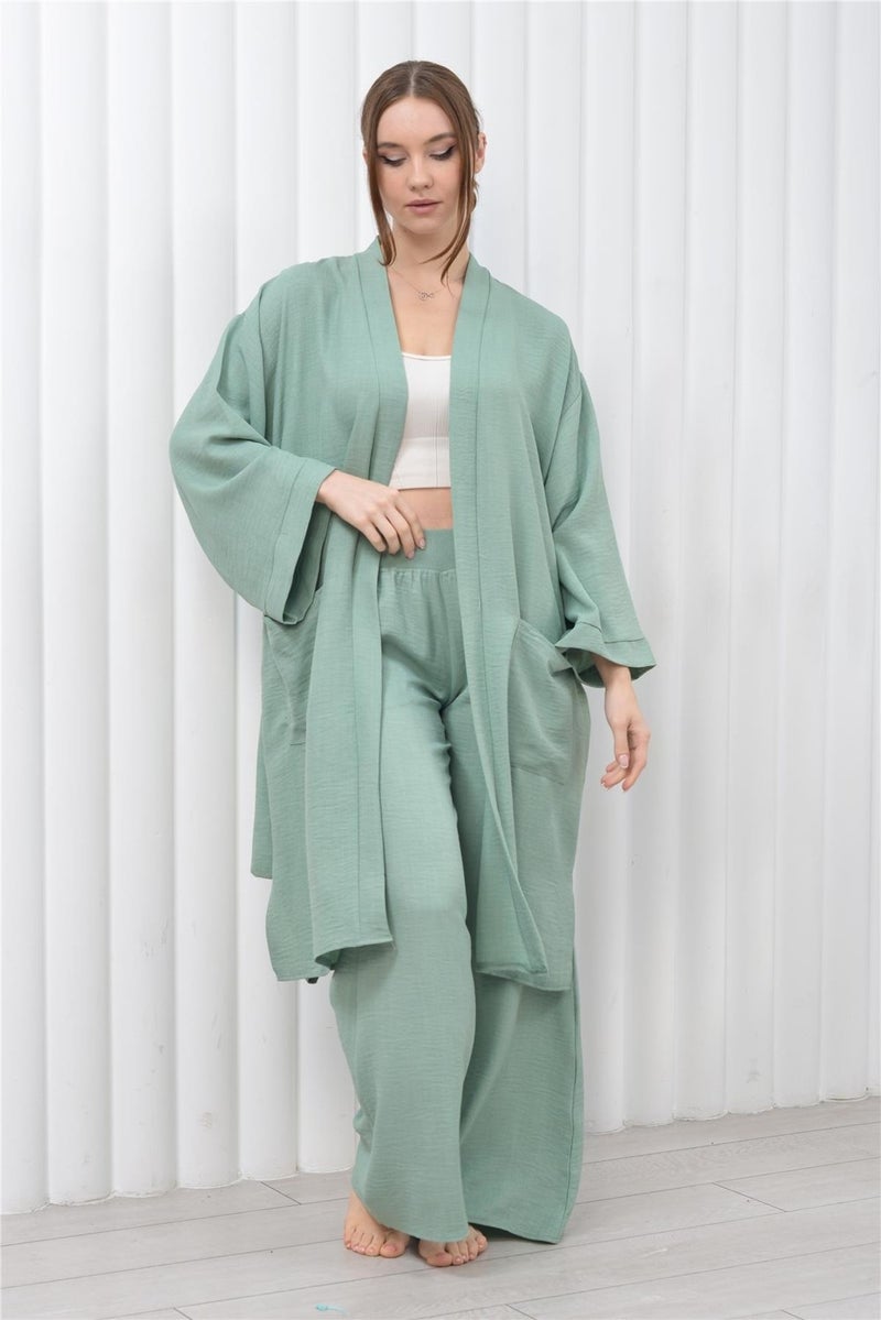 Nuseel Women's Linen Pocket Belted Long Kimono-Pants Two Piece Set Aqua Green  - Image 5