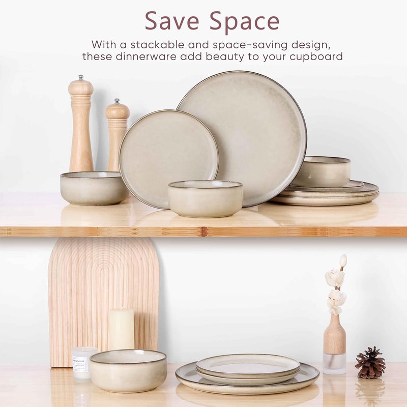 Herogo أطقم أطباق وأوعية هيروجو من الخزف لـ 6 أشخاص 18 قطعة أدوات مائدة عصرية دائرية مع طلاء تفاعلي آمن للميكروويف وغسالة الصحون باللون الكريمي والكاهي - Image 3