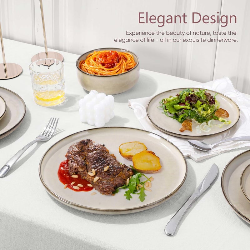 Herogo أطقم أطباق وأوعية هيروجو من الخزف لـ 6 أشخاص 18 قطعة أدوات مائدة عصرية دائرية مع طلاء تفاعلي آمن للميكروويف وغسالة الصحون باللون الكريمي والكاهي - Image 4