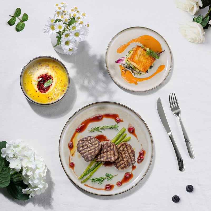 Herogo أطقم أطباق وأوعية هيروجو من الخزف لـ 6 أشخاص 18 قطعة أدوات مائدة عصرية دائرية مع طلاء تفاعلي آمن للميكروويف وغسالة الصحون باللون الكريمي والكاهي - Image 5