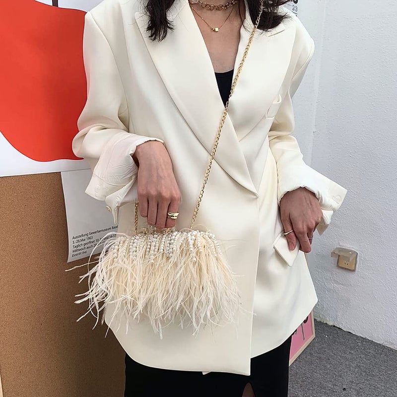 Menurra Women Real Natural Ostrich Feather Evening Bags Purses Clutch Vintage Banquet Handbag (champange with pearl) - Image 3