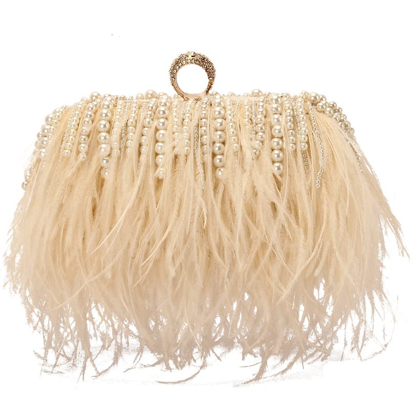 Menurra Women Real Natural Ostrich Feather Evening Bags Purses Clutch Vintage Banquet Handbag (champange with pearl) - Image 1
