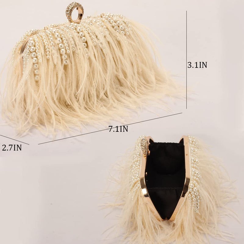 Menurra Women Real Natural Ostrich Feather Evening Bags Purses Clutch Vintage Banquet Handbag (champange with pearl) - Image 5