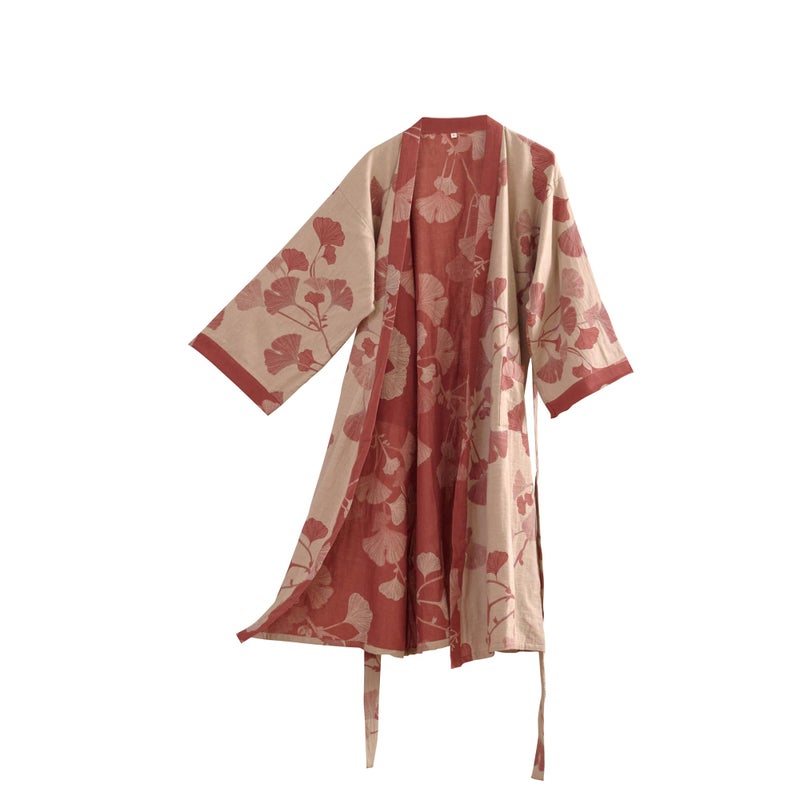 Purefair 100% Cotton Gauze Ginkgo Leaf Kimono Robe, Long Knit Loose Bathrobe Nightgown Ladies Loungewear Sleepwear for Women - Image 1