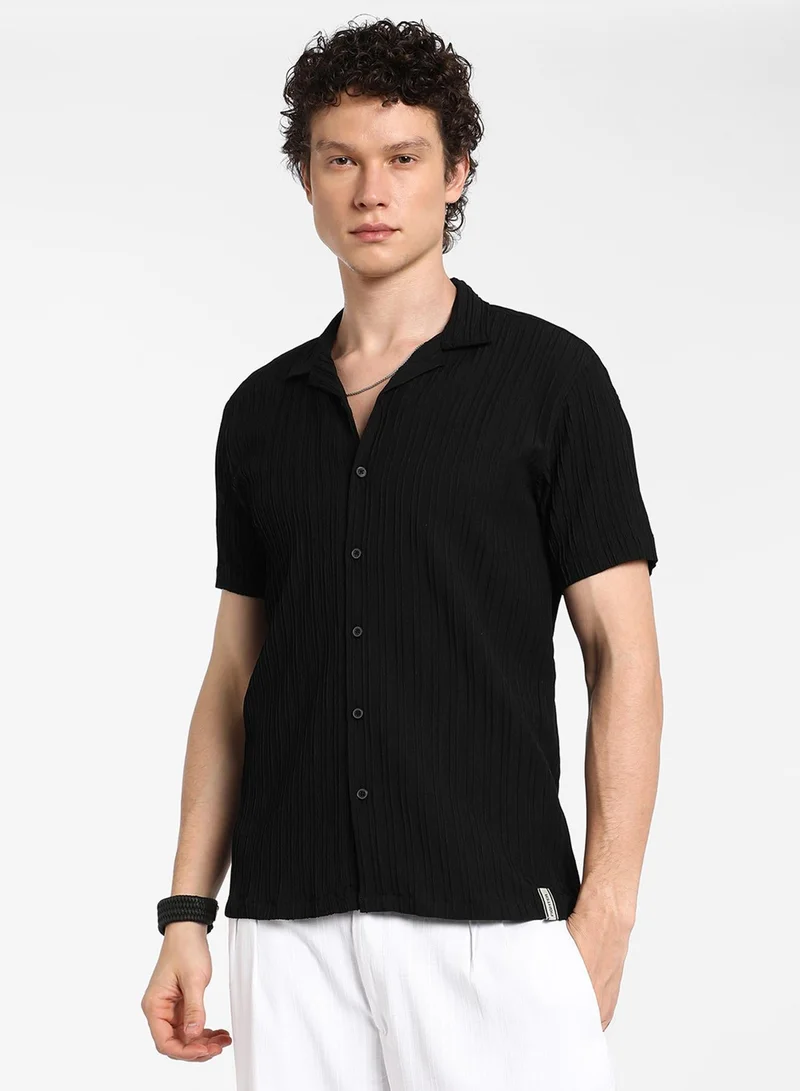 Campus Sutra Men's Onyx Black Self-Design Striped Shirt