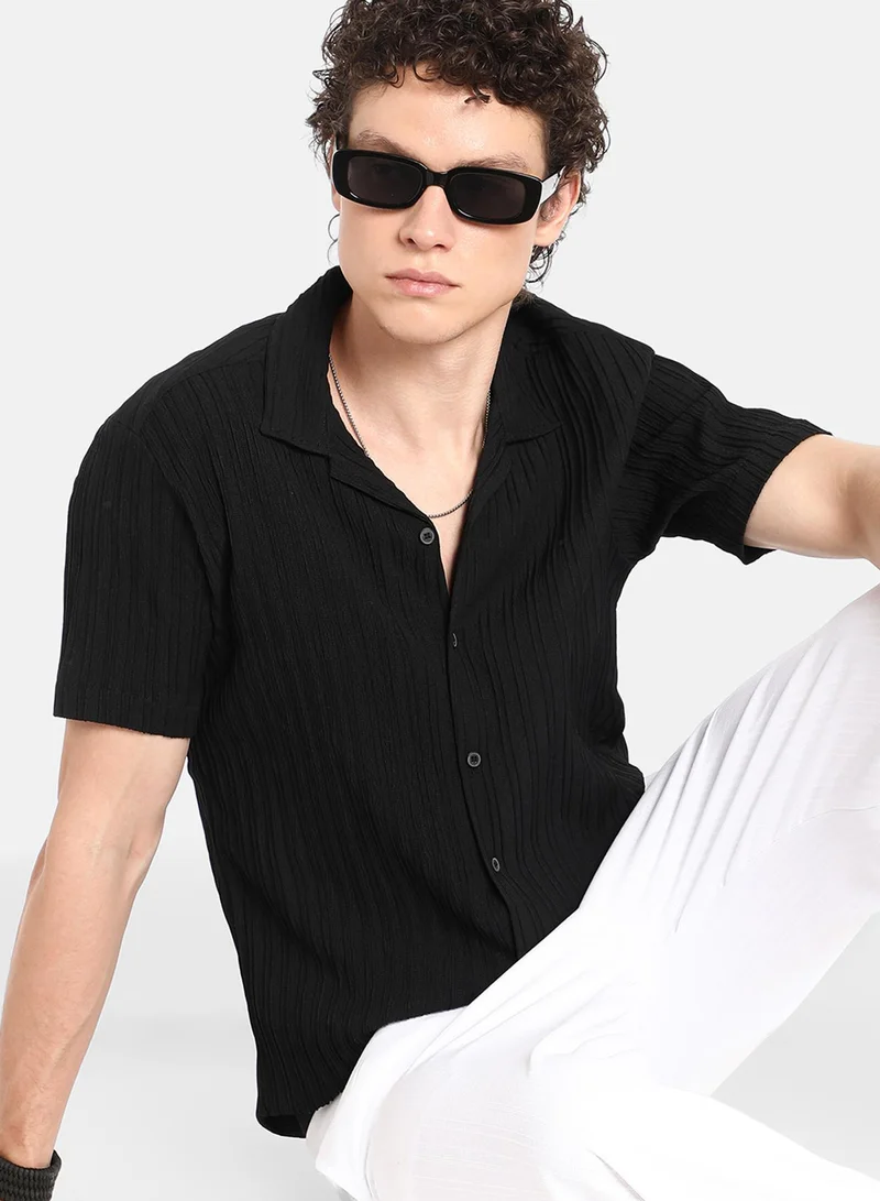 Campus Sutra Men's Onyx Black Self-Design Striped Shirt