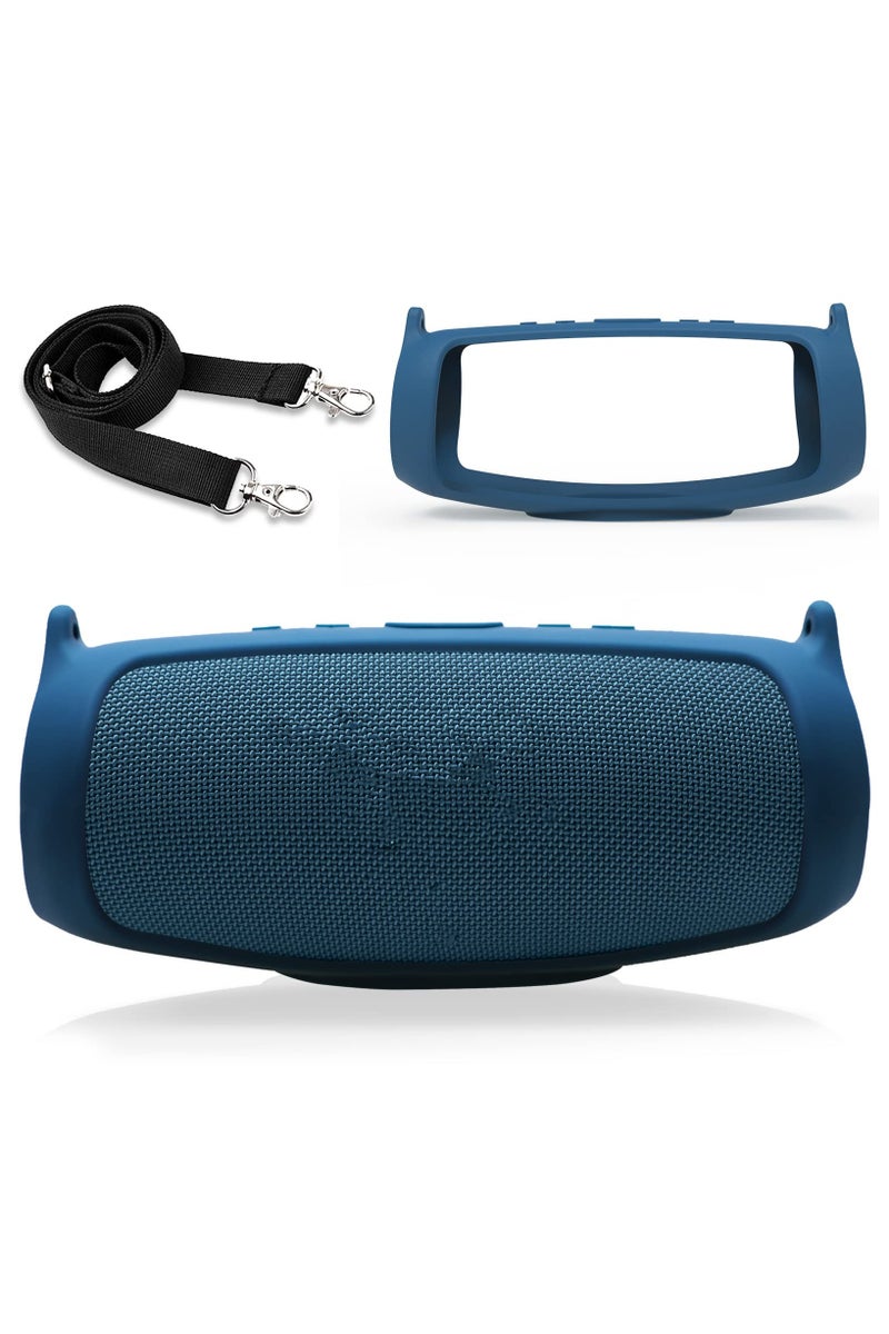 Silicone Case Cover for JBL Charge 5 Speaker Travel Protective Carrying Gel Soft Skin Waterproof Rubber Pouch with Shoulder Strap(Blue) - Image 1