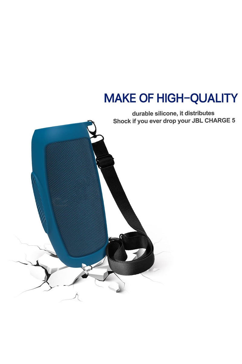 Silicone Case Cover for JBL Charge 5 Speaker Travel Protective Carrying Gel Soft Skin Waterproof Rubber Pouch with Shoulder Strap(Blue) - Image 3