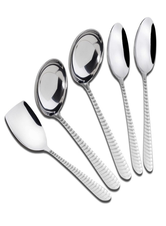 AXIOM Serving Spoons Stainless Steel 5 Piece Heavy Gauge Non-Stick Set of 2 Soup Ladle (Karchi), 2 Solid Spoon (Chamcha) and 1 Rice Spoon for Serving Soup/Curry/dal/Rice/Pasta - Image 1